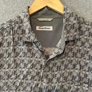 Tommy Bahama Mens Grey Palm Tree Print Viscose Short Sleeve Button Down Shirt M